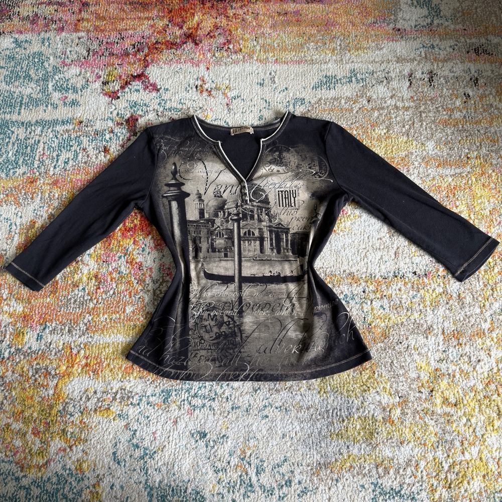 Vintage Y2K Venice Italy Graphic Henley Top Womens Large Rhinestone 3/4 Sleeve